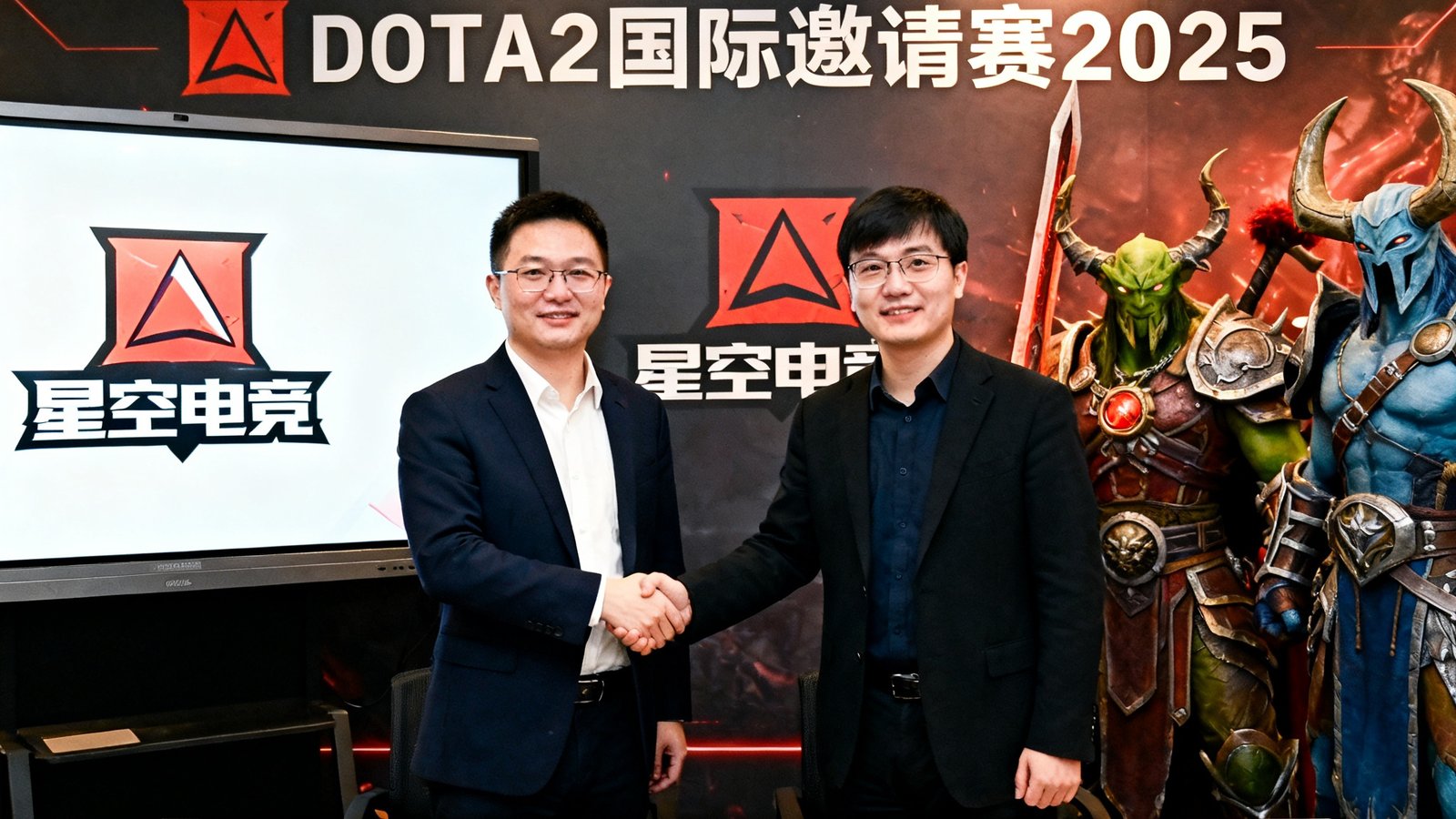 DOTA2国际邀请赛2025官方公告确认星空电竞为中国区独家转播平台，双方代表在签约仪式上握手合影留念。
