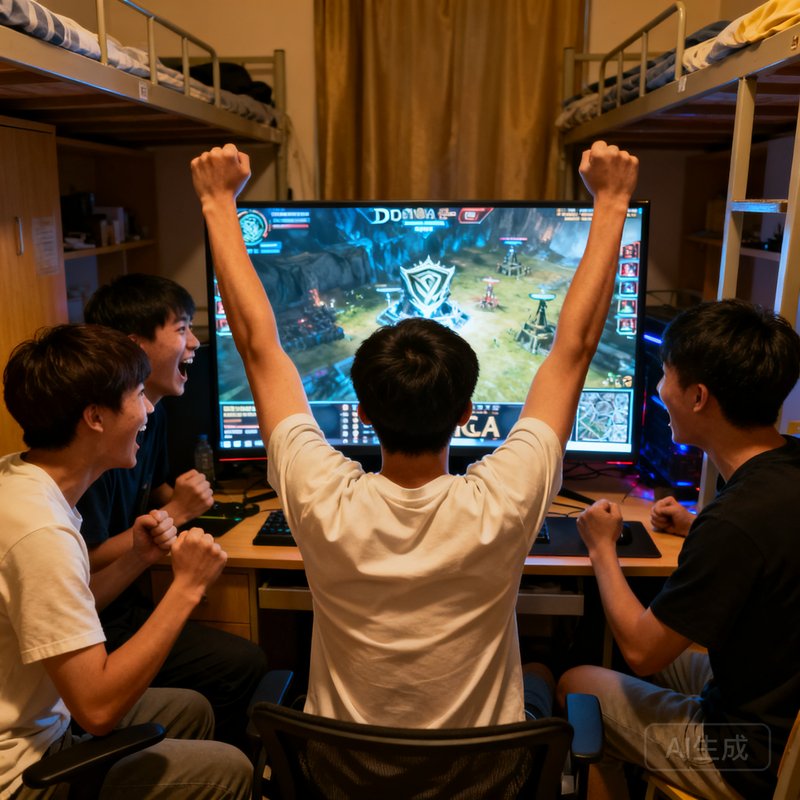 大学宿舍内四名男生围坐在一台大屏幕显示器前观看DOTA2国际邀请赛决赛，其中一人激动地举起双臂欢呼庆祝。